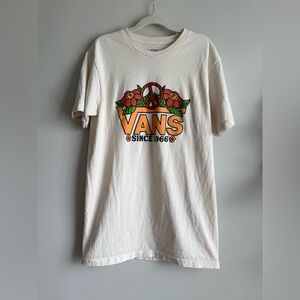 Vans Off The Wall Peace Sign Flowers Retro Mens Sz Small Ivory T Shirt PTP 17”